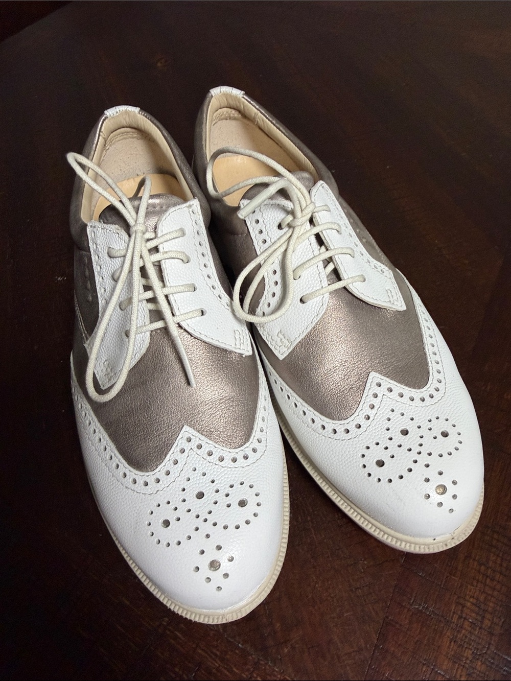Ecco Golf Shoes - White and Metallic Silver Wingtip Oxfords